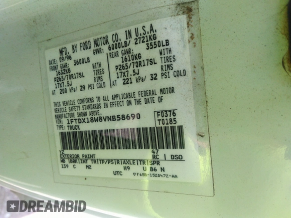 1997 Ford F-150 XL с VIN 1FTDX18W8VNB58690, выставлен на аукционе IAAI как лот 33200942 с пробегом 234 870 миль миль и . История ставок и продаж доступна на DreamBid. Изображение 9.