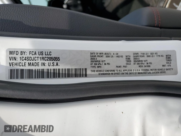 2024 Dodge Durango R/T Plus с VIN 1C4SDJCT1RC205055, выставлен на аукционе Copart как лот 68363854 с пробегом 21 миль миль и Списание • Salvage title. История ставок и продаж доступна на DreamBid. Изображение 13.