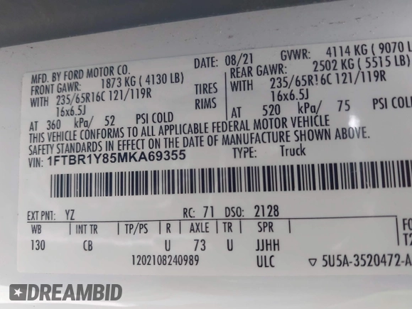 2021 Ford Transit Cargo with VIN 1FTBR1Y85MKA69355, listed as a IAAI auction lot 42544780 with 33,288 mi miles and . Bid and sale history available at DreamBid. Image 9.