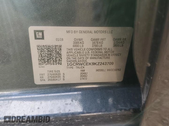 2019 Chevrolet Silverado 1500 LT with VIN 1GCRWCEK9KZ243709, listed as a Copart auction lot 85041514 with 79,780 mi miles and Salvage Title. Bid and sale history available at DreamBid. Image 12.