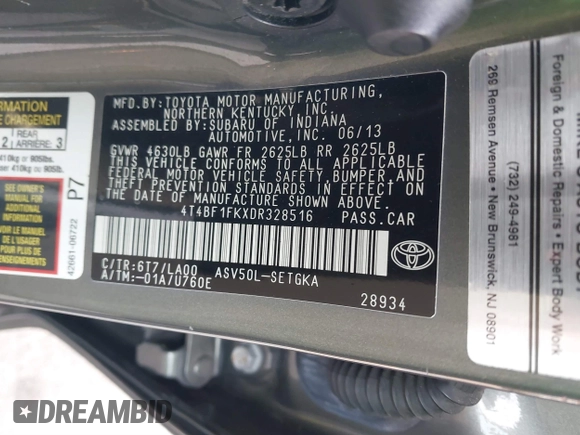 2013 Toyota Camry L with VIN 4T4BF1FKXDR328516, listed as a IAAI auction lot 41240083 with 72,213 mi miles. Bid and sale history available at carsss.com. Image 9.