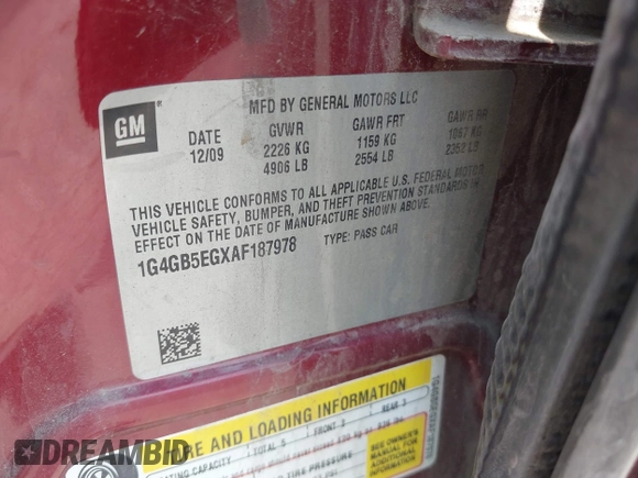 2010 Buick LaCrosse CX with VIN 1G4GB5EGXAF187978, listed as a IAAI auction lot 42470017 with 133,355 mi miles and . Bid and sale history available at DreamBid. Image 9.