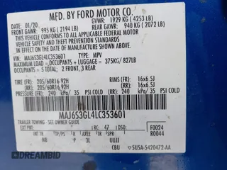 2020 Ford EcoSport SE with VIN MAJ6S3GL4LC353601, listed as a IAAI auction lot 41952022 with 94,889 mi miles and . Bid and sale history available at carsss.com. Image 9.