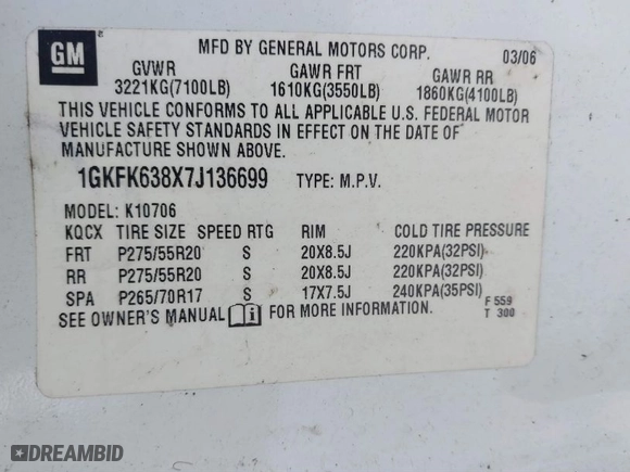 2007 GMC Yukon Denali with VIN 1GKFK638X7J136699, listed as a IAAI auction lot 41803850 with 192,541 mi miles. Bid and sale history available at carsss.com. Image 9.