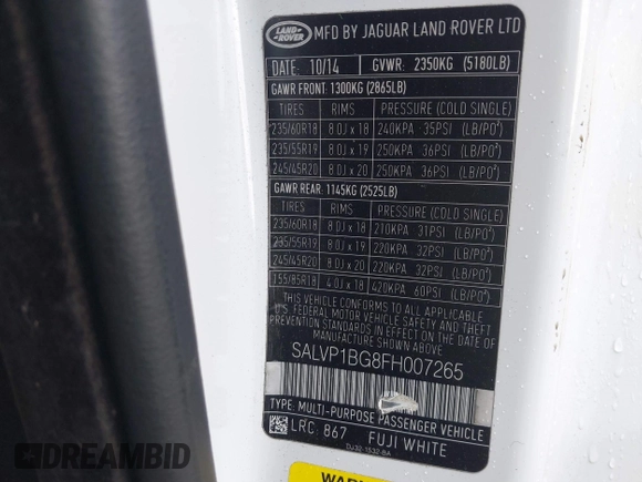 2015 Land Rover Range Rover Evoque Pure Plus with VIN SALVP1BG8FH007265, listed as a IAAI auction lot 41532151 with 32,311 mi miles. Bid and sale history available at carsss.com. Image 9.