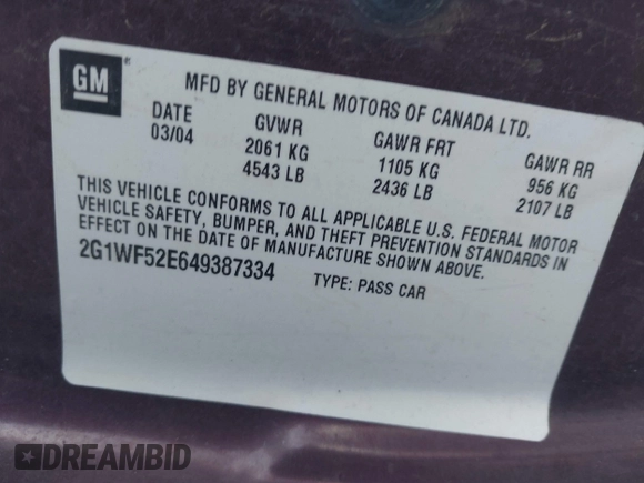 2004 Chevrolet Impala with VIN 2G1WF52E649387334, listed as a IAAI auction lot 40754298 with 216,092 mi miles and . Bid and sale history available at carsss.com. Image 9.