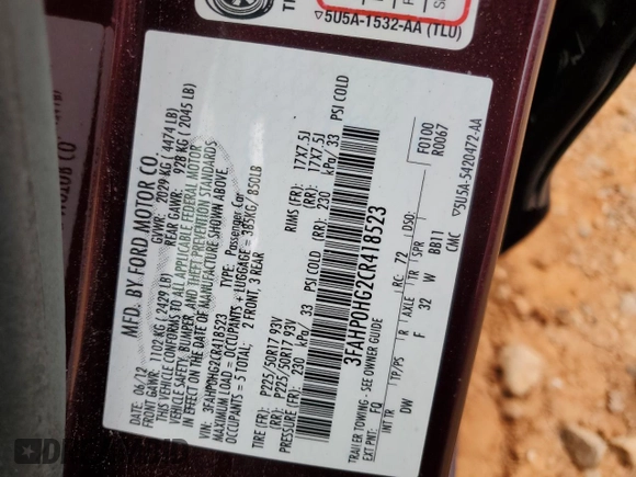 2012 Ford Fusion SE with VIN 3FAHP0HG2CR418523, listed as a Copart auction lot 52574915 with 125,359 mi miles and Salvage Title. Bid and sale history available at carsss.com. Image 13.
