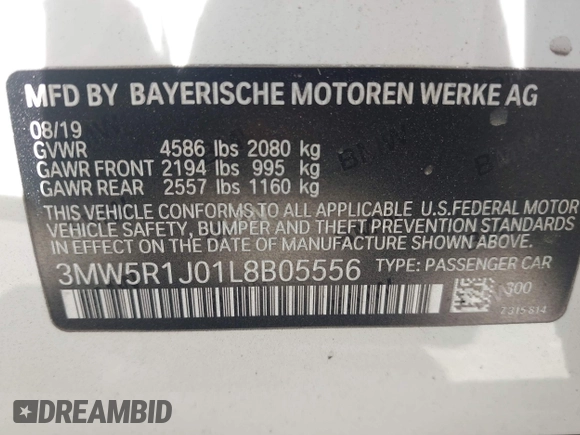 2020 BMW 3 Series 330i z VIN 3MW5R1J01L8B05556, wystawiony jako IAAI lot #42299891 z przebiegiem 61 404 mil mil oraz . Historia ofert i sprzedaży dostępna na DreamBid. Obrazek 9.