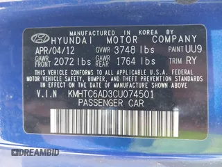 2012 Hyundai Veloster w/Gray Int z VIN KMHTC6AD3CU074501, wystawiony jako IAAI lot #42289456 z przebiegiem 94 303 mil mil oraz . Historia ofert i sprzedaży dostępna na DreamBid. Obrazek 9.
