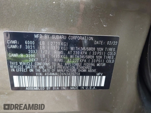 2022 Subaru Ascent Limited with VIN 4S4WMALD6N3425758, listed as a IAAI auction lot 42181732 with 19,759 mi miles and . Bid and sale history available at DreamBid. Image 9.