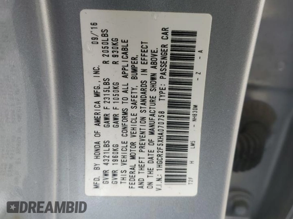 2017 Honda Accord Sedan Sport with VIN 1HGCR2F5XHA070758, listed as a Copart auction lot 51325635 with 43,465 mi miles and Salvage Title. Bid and sale history available at carsss.com. Image 15.