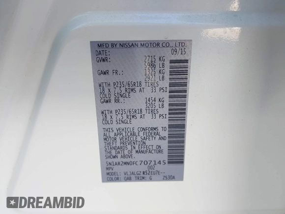 2015 Nissan Pathfinder SV with VIN 5N1AR2MN0FC707145, listed as a IAAI auction lot 41697576 with 104,252 mi miles and . Bid and sale history available at DreamBid. Image 9.