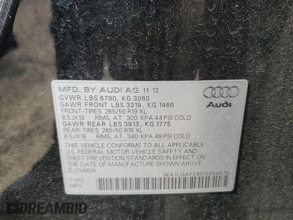 2013 Audi Q7 Premium Plus with VIN WA1LGAFE9DD008916, listed as a Copart auction lot 58062715 with 75,070 mi miles and Salvage title. Bid and sale history available at DreamBid. Image 13.
