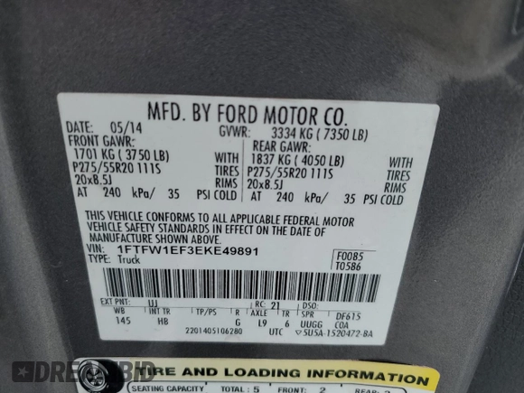 2014 Ford F-150 XL с VIN 1FTFW1EF3EKE49891, выставлен на аукционе Copart как лот 55012325 с пробегом 214 174 миль миль и Списание • Salvage title. История ставок и продаж доступна на DreamBid. Изображение 12.