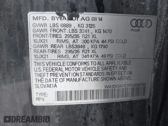 2015 Audi Q7 3.0T S line Prestige with VIN WA1DGAFE7FD006783, listed as a IAAI auction lot 41464002 with 96,845 mi miles. Bid and sale history available at carsss.com. Image 9.