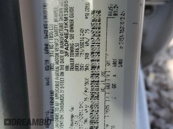 2019 Ford Fiesta SE with VIN 3FADP4EJ1KM136956, listed as a Copart auction lot 57493105 with Not provided miles and Salvage title. Bid and sale history available at DreamBid. Image 12.