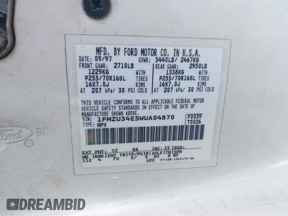 1998 Ford Explorer XL z VIN 1FMZU34E5WUA04870, wystawiony jako IAAI lot #41287974 z przebiegiem 188 448 mil mil oraz . Historia ofert i sprzedaży dostępna na DreamBid. Obrazek 9.