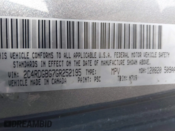 2016 Dodge Grand Caravan SE with VIN 2C4RDGBG7GR252195, listed as a IAAI auction lot 41415977 with 199,453 mi miles and . Bid and sale history available at DreamBid. Image 9.