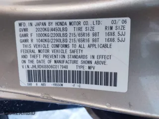 2006 Honda CR-V EX with VIN JHLRD68806C017948, listed as a IAAI auction lot 41258241 with 212,799 mi miles. Bid and sale history available at carsss.com. Image 9.