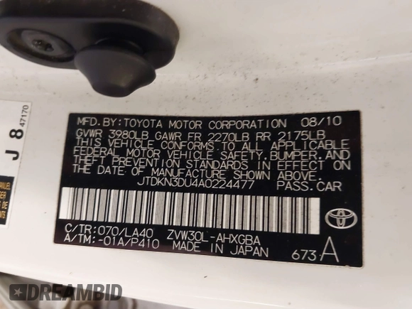 2010 Toyota Prius II with VIN JTDKN3DU4A0224477, listed as a IAAI auction lot 41893950 with 174,615 mi miles. Bid and sale history available at carsss.com. Image 9.