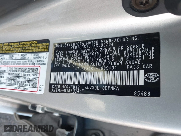 2004 Toyota Camry LE with VIN 4T1BE32K54U889401, listed as a IAAI auction lot 41778562 with Not Provided miles and . Bid and sale history available at carsss.com. Image 9.