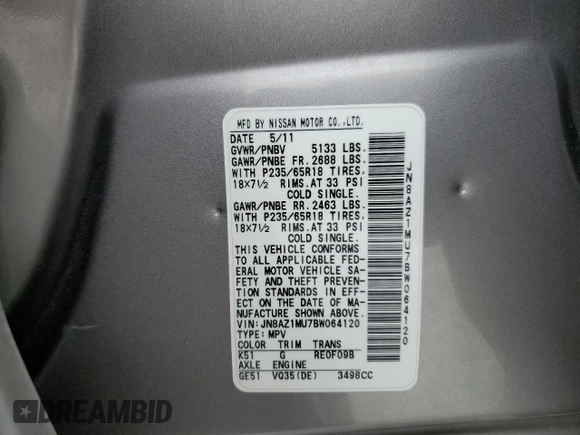 2011 Nissan Murano SV z VIN JN8AZ1MU7BW064120, wystawiony jako Copart lot #54345205 z przebiegiem 76 626 mil mil oraz Szkoda całkowita • Salvage title. Historia ofert i sprzedaży dostępna na DreamBid. Obrazek 13.