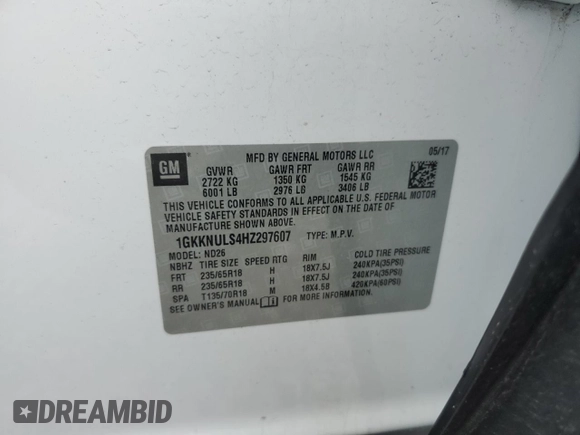 2017 GMC Acadia SLT with VIN 1GKKNULS4HZ297607, listed as a Copart auction lot 53476095 with 129,679 mi miles and Salvage Title. Bid and sale history available at carsss.com. Image 14.