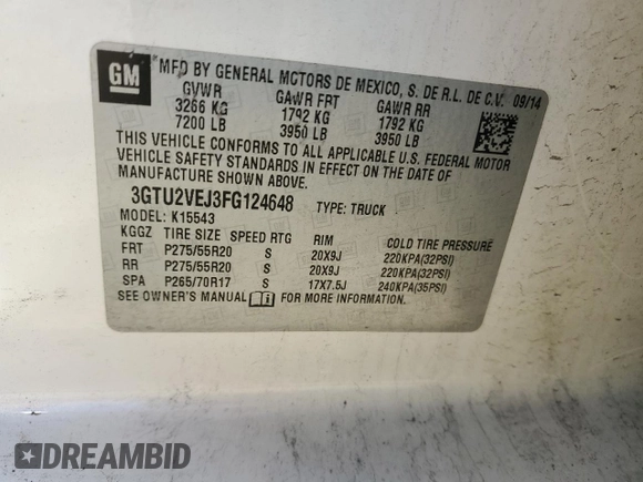 2015 GMC Sierra 1500 SLT with VIN 3GTU2VEJ3FG124648, listed as a Copart auction lot 85793574 with Not Provided miles and Salvage Title. Bid and sale history available at DreamBid. Image 14.