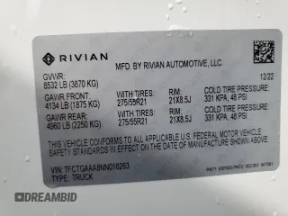 2022 Rivian R1T Adventure z VIN 7FCTGAAA8NN016263, wystawiony jako Copart lot #55668845 z przebiegiem 27 864 mil mil oraz Szkody całkowita. Historia ofert i sprzedaży dostępna na DreamBid. Obrazek 12.