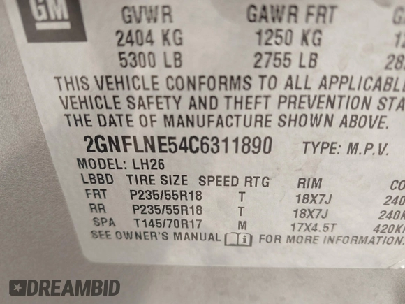 2012 Chevrolet Equinox LT w/2LT with VIN 2GNFLNE54C6311890, listed as a IAAI auction lot 41769617 with 45,799 mi miles. Bid and sale history available at carsss.com. Image 9.