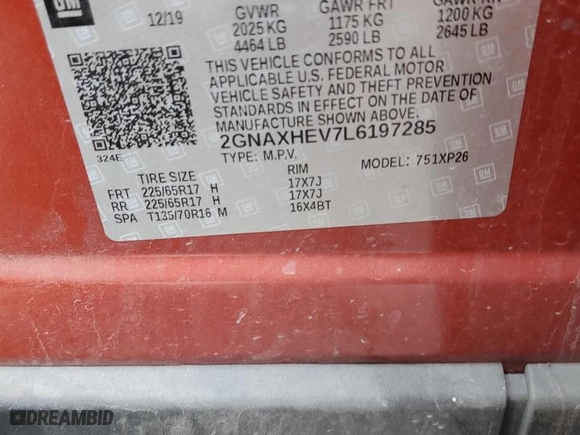 2020 Chevrolet Equinox LS with VIN 2GNAXHEV7L6197285, listed as a Copart auction lot 43445515 with 84,314 mi miles and Salvage Title. Bid and sale history available at carsss.com. Image 13.