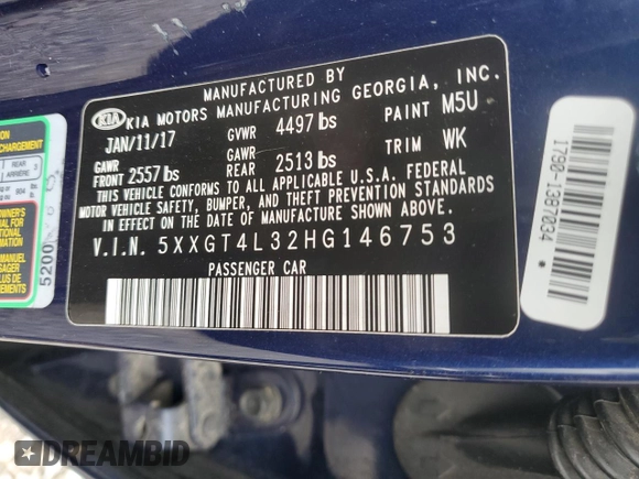 2017 Kia Optima LX with VIN 5XXGT4L32HG146753, listed as a Copart auction lot 60970145 with 180,574 mi miles and Salvage title. Bid and sale history available at DreamBid. Image 12.