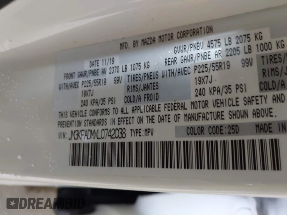 2020 Mazda CX-5 Grand Touring with VIN JM3KFADMXL0742038, listed as a IAAI auction lot 42292400 with 68,339 mi miles and . Bid and sale history available at DreamBid. Image 9.