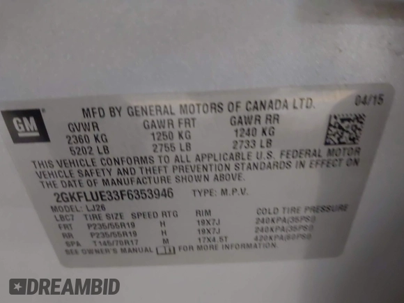 2015 GMC Terrain Denali with VIN 2GKFLUE33F6353946, listed as a IAAI auction lot 41550062 with 79,244 mi miles. Bid and sale history available at carsss.com. Image 9.