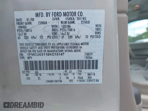 2008 Ford Escape XLT с VIN 1FMCU03118KD15147, выставлен на аукционе IAAI как лот 42223618 с пробегом 146 868 миль миль и . История ставок и продаж доступна на DreamBid. Изображение 9.