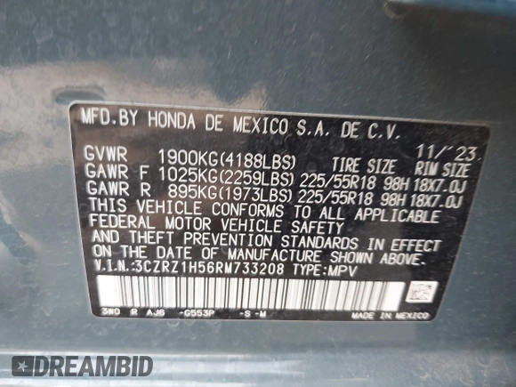 2024 Honda HR-V Sport z VIN 3CZRZ1H56RM733208, wystawiony jako IAAI lot #42304031 z przebiegiem 23 389 mil mil oraz . Historia ofert i sprzedaży dostępna na DreamBid. Obrazek 9.