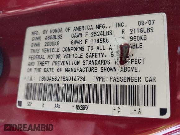 2008 Acura TL with VIN 19UUA66218A014734, listed as a IAAI auction lot 41918201 with 204,779 mi miles. Bid and sale history available at carsss.com. Image 9.