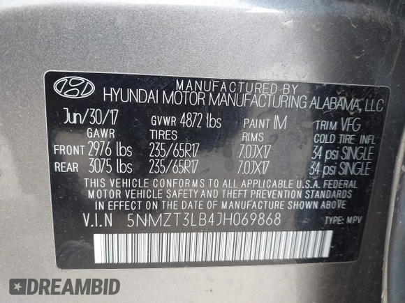 2018 Hyundai Santa Fe 2.4L with VIN 5NMZT3LB4JH069868, listed as a IAAI auction lot 42675555 with 142,612 mi miles and . Bid and sale history available at DreamBid. Image 9.