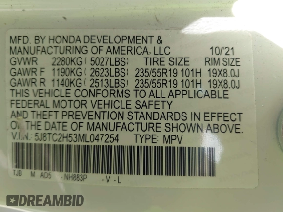2021 Acura RDX Technology with VIN 5J8TC2H53ML047254, listed as a IAAI auction lot 42257382 with 43,469 mi miles and . Bid and sale history available at DreamBid. Image 9.