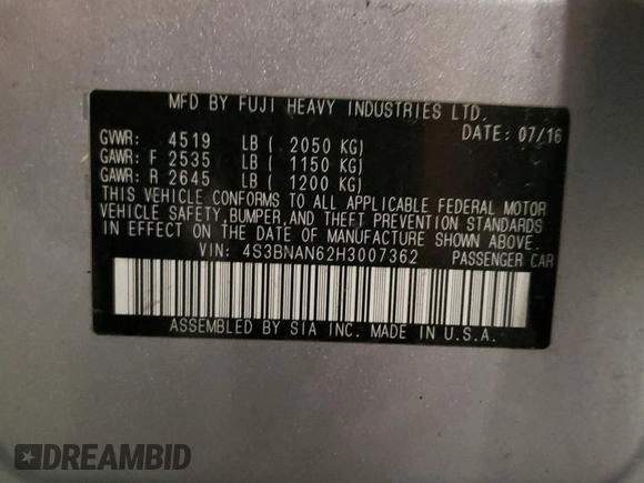 2017 Subaru Legacy Limited with VIN 4S3BNAN62H3007362, listed as a Copart auction lot 64176115 with 117,589 mi miles and Salvage title. Bid and sale history available at DreamBid. Image 12.