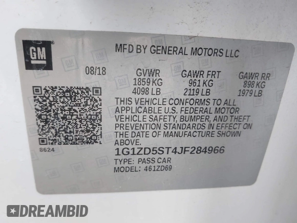 2018 Chevrolet Malibu LT z VIN 1G1ZD5ST4JF284966, wystawiony jako IAAI lot #41503355 z przebiegiem 99 181 mil mil oraz . Historia ofert i sprzedaży dostępna na DreamBid. Obrazek 9.