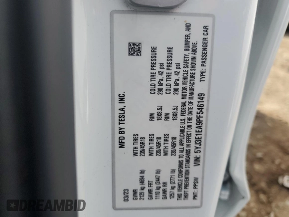 2023 Tesla Model 3 with VIN 5YJ3E1EA9PF546149, listed as a Copart auction lot 52104365 with 34,105 mi miles and Salvage Title. Bid and sale history available at DreamBid. Image 15.