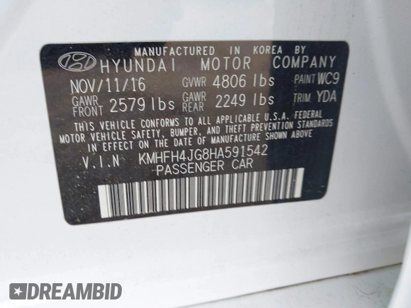 2017 Hyundai Azera Limited with VIN KMHFH4JG8HA591542, listed as a IAAI auction lot 42020982 with 75,174 mi miles and . Bid and sale history available at carsss.com. Image 9.