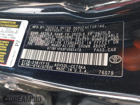 2015 Toyota Camry XLE z VIN 4T1BF1FK9FU985479, wystawiony jako IAAI lot #42220674 z przebiegiem 162 045 mil mil oraz . Historia ofert i sprzedaży dostępna na DreamBid. Obrazek 9.