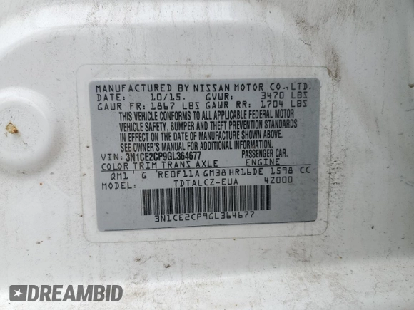 2016 Nissan Note S with VIN 3N1CE2CP9GL364677, listed as a Copart auction lot 54768145 with 103,599 mi miles and Clean Title. Bid and sale history available at DreamBid. Image 12.
