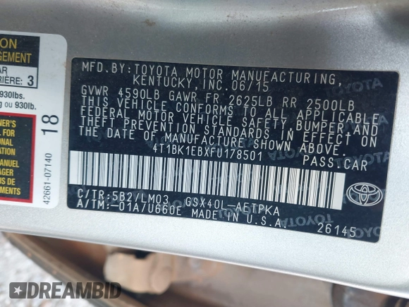 2015 Toyota Avalon Limited with VIN 4T1BK1EBXFU178501, listed as a IAAI auction lot 41807050 with 161,528 mi miles and . Bid and sale history available at DreamBid. Image 9.