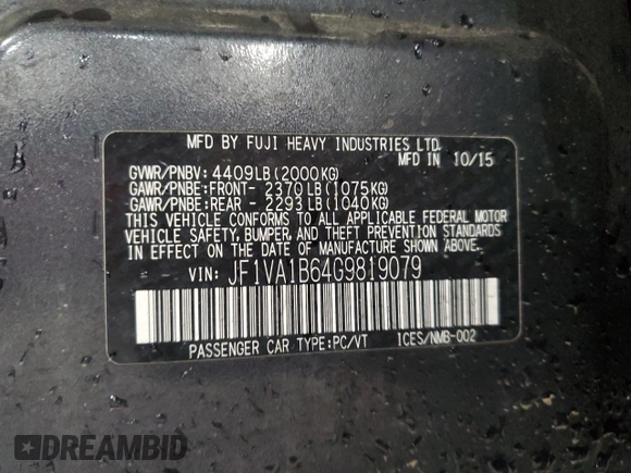 2016 Subaru WRX z VIN JF1VA1B64G9819079, wystawiony jako Copart lot #46629065 z przebiegiem 146 195 mil mil oraz Szkoda całkowita • Salvage title. Historia ofert i sprzedaży dostępna na DreamBid. Obrazek 12.