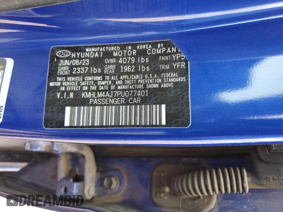 2023 Hyundai Elantra Blue z VIN KMHLM4AJ7PU077401, wystawiony jako Copart lot #49180065 z przebiegiem 55 927 mil mil oraz Szkoda całkowita • Salvage title. Historia ofert i sprzedaży dostępna na DreamBid. Obrazek 12.