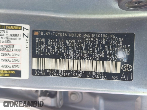 2006 Toyota Matrix STD with VIN 2T1KR32EX6C588030, listed as a IAAI auction lot 41837385 with 169,922 mi miles and . Bid and sale history available at carsss.com. Image 9.
