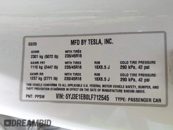 2020 Tesla Model 3 Long Range z VIN 5YJ3E1EB0LF712545, wystawiony jako IAAI lot #42198461 z przebiegiem 22 322 mil mil oraz . Historia ofert i sprzedaży dostępna na DreamBid. Obrazek 9.